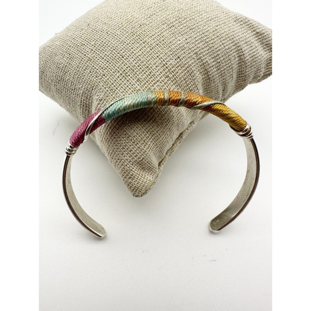 Handmade Thread Wrapped Cuff Bracelet Silver Tone 7”